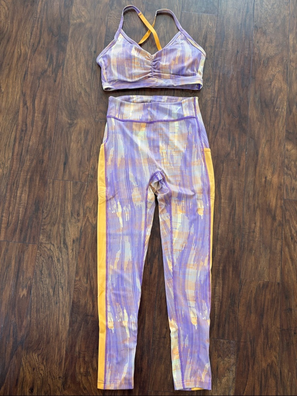 Gymshark Purple and Orange Abstract Leggings & Sports Bra Set